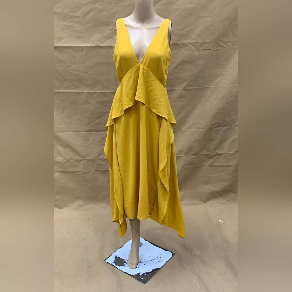 Gianni Bini Women Mustard Sleeveless V Neck Flowing Ruffle Midi Dress - Size S